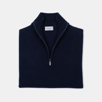 Half Zip Mock Neck in Wool and Cashmere - Navy