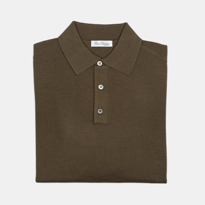 Long Sleeve Knitted Polo in Merino Wool - Olive