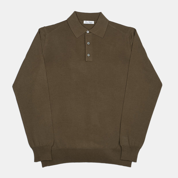 Long Sleeve Knitted Polo in Merino Wool - Olive