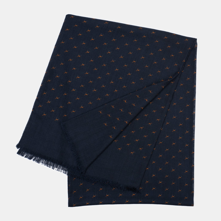 Wool & Silk Printed Scarf - Hunting Dogs in Navy