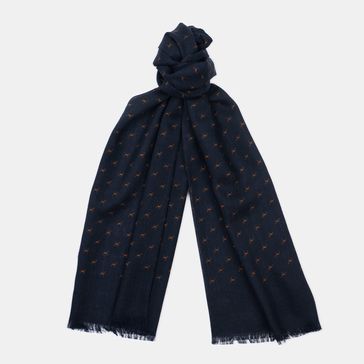 Wool & Silk Printed Scarf - Hunting Dogs in Navy