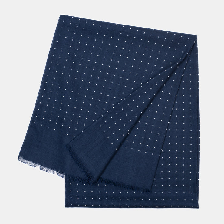 Wool & Silk Printed Scarf - Polka Dot in Navy