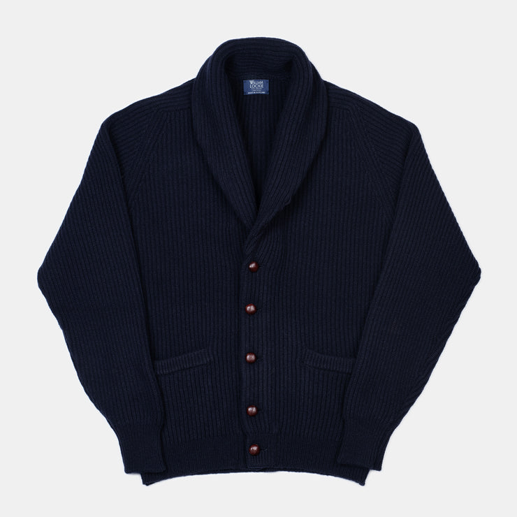 Shawl Collar Cardigan in Geelong Lambswool - Navy