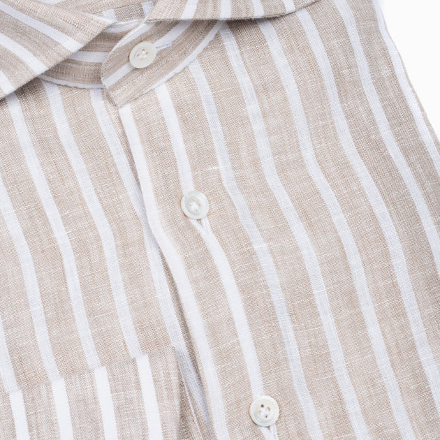 Cutaway Collar Shirt in beige reverse stripe linen – Caine Clothiers